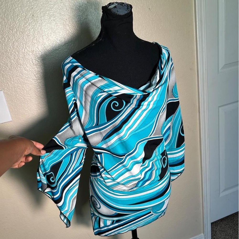 Herstory Vintage Abstract Swirl Cowl Neck Top Blue Y2K 3XL HT-1205X